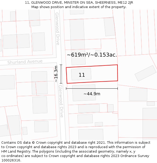 11, GLENWOOD DRIVE, MINSTER ON SEA, SHEERNESS, ME12 2JR: Plot and title map