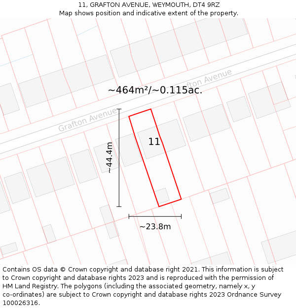 11, GRAFTON AVENUE, WEYMOUTH, DT4 9RZ: Plot and title map