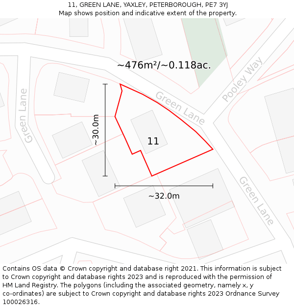 11, GREEN LANE, YAXLEY, PETERBOROUGH, PE7 3YJ: Plot and title map