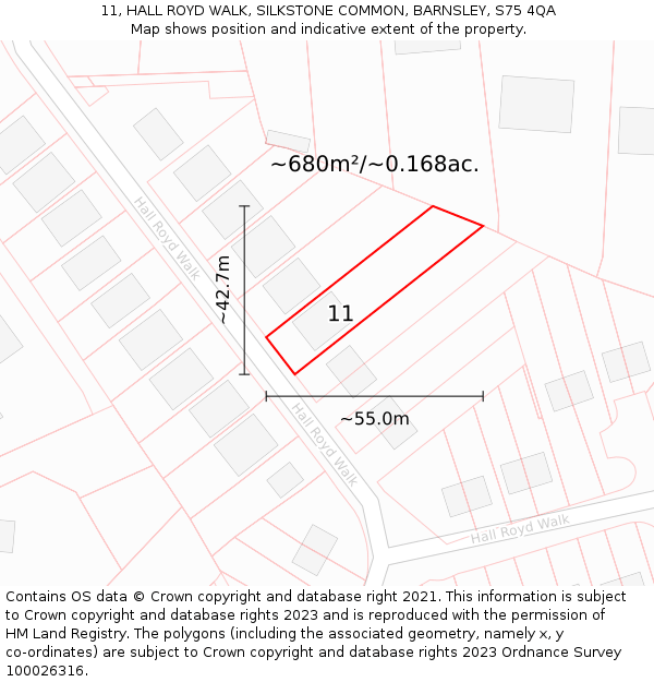 11, HALL ROYD WALK, SILKSTONE COMMON, BARNSLEY, S75 4QA: Plot and title map
