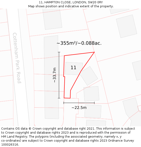 11, HAMPTON CLOSE, LONDON, SW20 0RY: Plot and title map