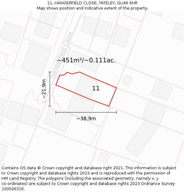 11, HANGERFIELD CLOSE, YATELEY, GU46 6HR: Plot and title map