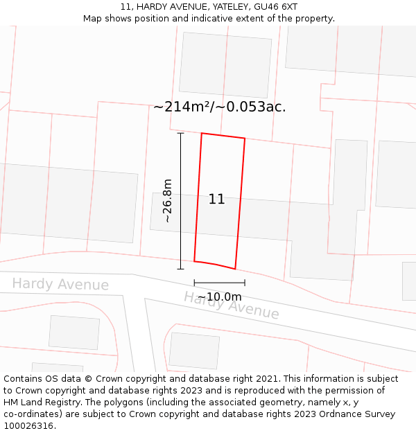 11, HARDY AVENUE, YATELEY, GU46 6XT: Plot and title map