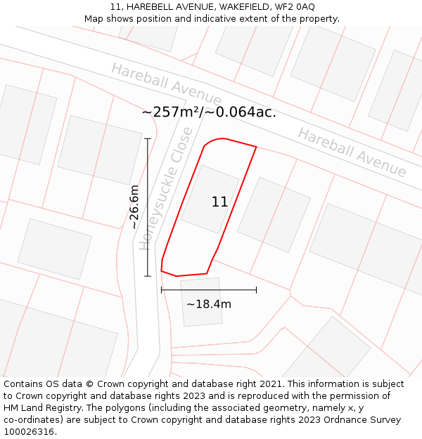 11, HAREBELL AVENUE, WAKEFIELD, WF2 0AQ: Plot and title map