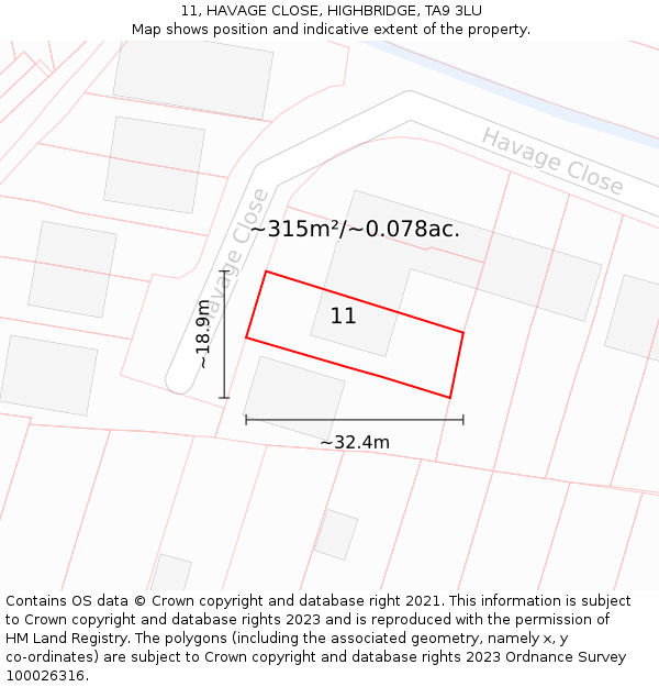 11, HAVAGE CLOSE, HIGHBRIDGE, TA9 3LU: Plot and title map