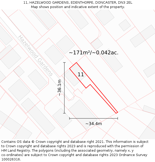 11, HAZELWOOD GARDENS, EDENTHORPE, DONCASTER, DN3 2EL: Plot and title map