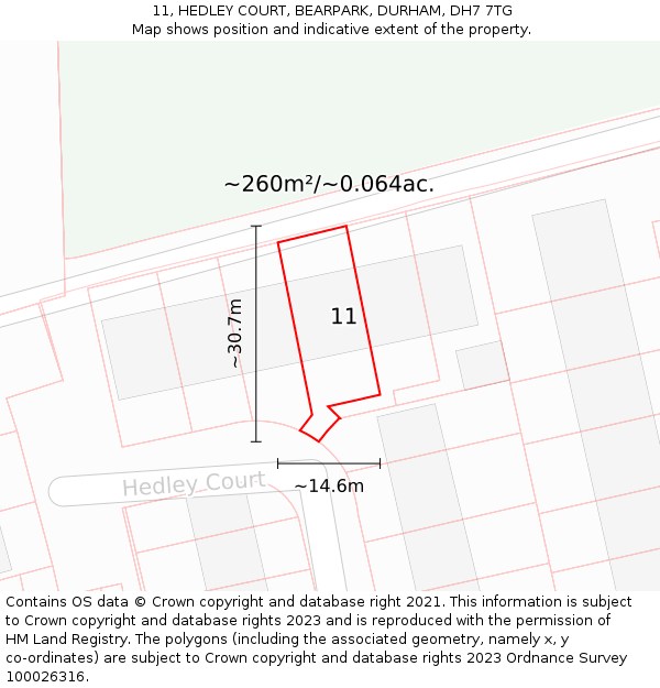11, HEDLEY COURT, BEARPARK, DURHAM, DH7 7TG: Plot and title map