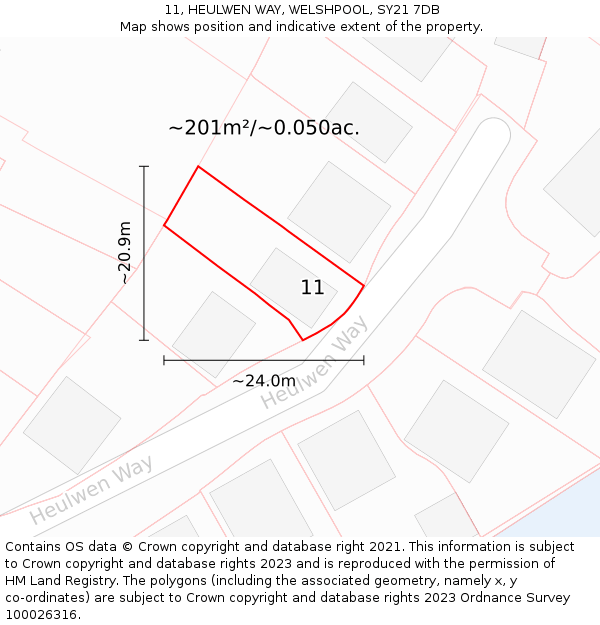 11, HEULWEN WAY, WELSHPOOL, SY21 7DB: Plot and title map