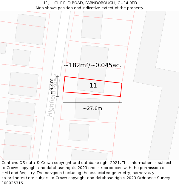 11, HIGHFIELD ROAD, FARNBOROUGH, GU14 0EB: Plot and title map