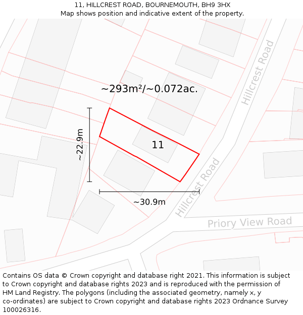11, HILLCREST ROAD, BOURNEMOUTH, BH9 3HX: Plot and title map