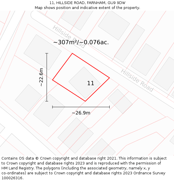 11, HILLSIDE ROAD, FARNHAM, GU9 9DW: Plot and title map