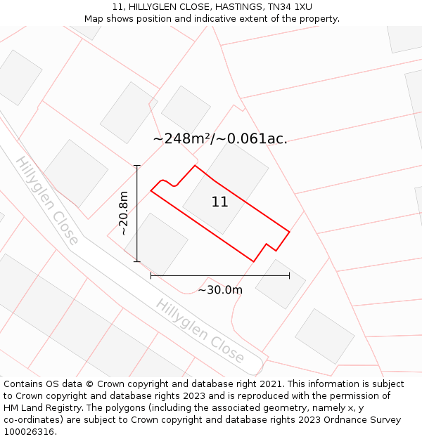 11, HILLYGLEN CLOSE, HASTINGS, TN34 1XU: Plot and title map