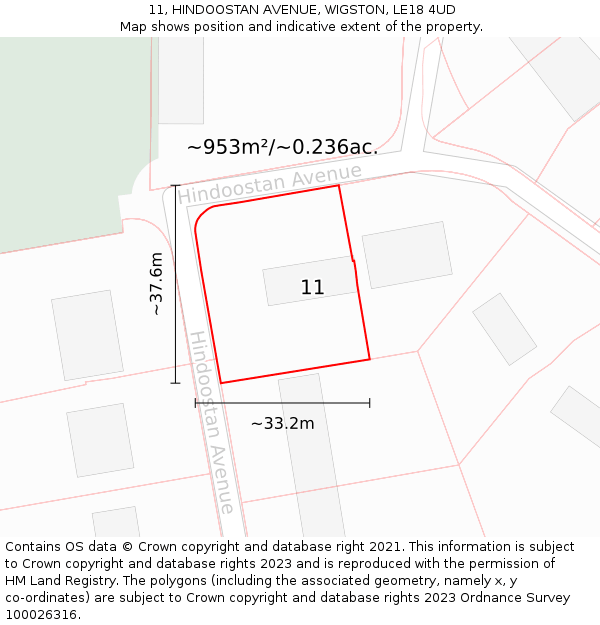 11, HINDOOSTAN AVENUE, WIGSTON, LE18 4UD: Plot and title map