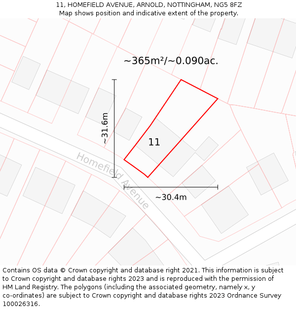 11, HOMEFIELD AVENUE, ARNOLD, NOTTINGHAM, NG5 8FZ: Plot and title map