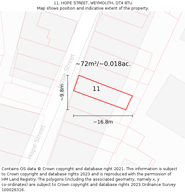 11, HOPE STREET, WEYMOUTH, DT4 8TU: Plot and title map