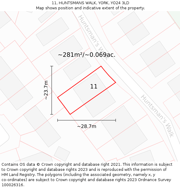 11, HUNTSMANS WALK, YORK, YO24 3LD: Plot and title map