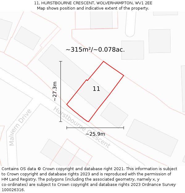 11, HURSTBOURNE CRESCENT, WOLVERHAMPTON, WV1 2EE: Plot and title map