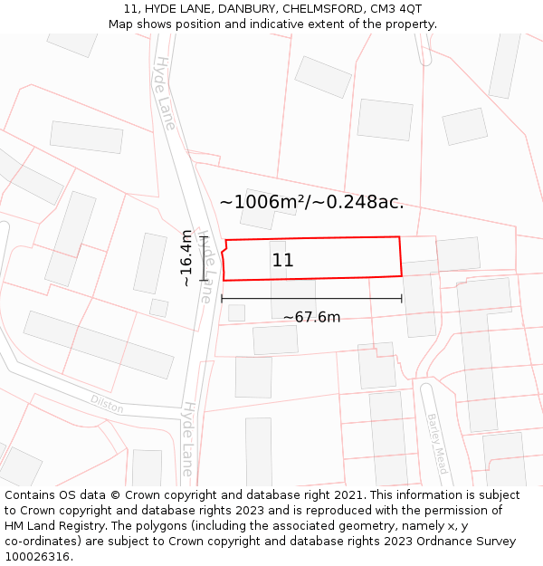 11, HYDE LANE, DANBURY, CHELMSFORD, CM3 4QT: Plot and title map