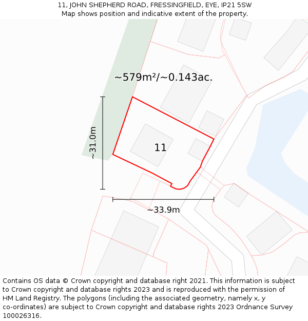 11, JOHN SHEPHERD ROAD, FRESSINGFIELD, EYE, IP21 5SW: Plot and title map