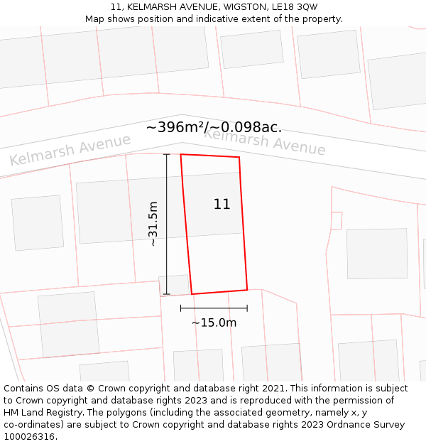 11, KELMARSH AVENUE, WIGSTON, LE18 3QW: Plot and title map