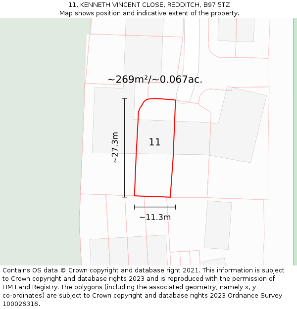 11, KENNETH VINCENT CLOSE, REDDITCH, B97 5TZ: Plot and title map