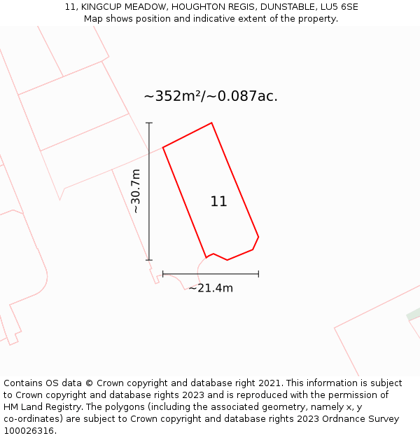 11, KINGCUP MEADOW, HOUGHTON REGIS, DUNSTABLE, LU5 6SE: Plot and title map