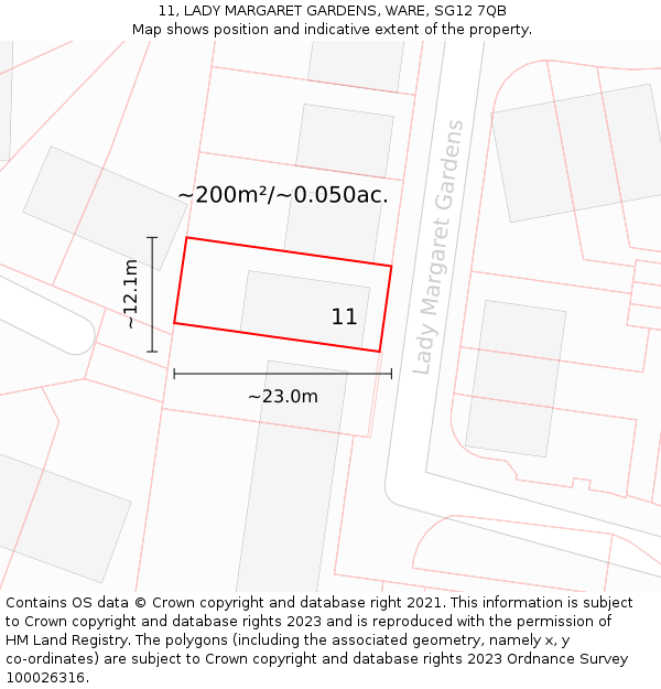 11, LADY MARGARET GARDENS, WARE, SG12 7QB: Plot and title map