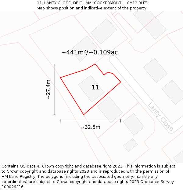 11, LANTY CLOSE, BRIGHAM, COCKERMOUTH, CA13 0UZ: Plot and title map