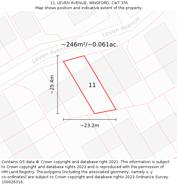 11, LEVEN AVENUE, WINSFORD, CW7 3TA: Plot and title map