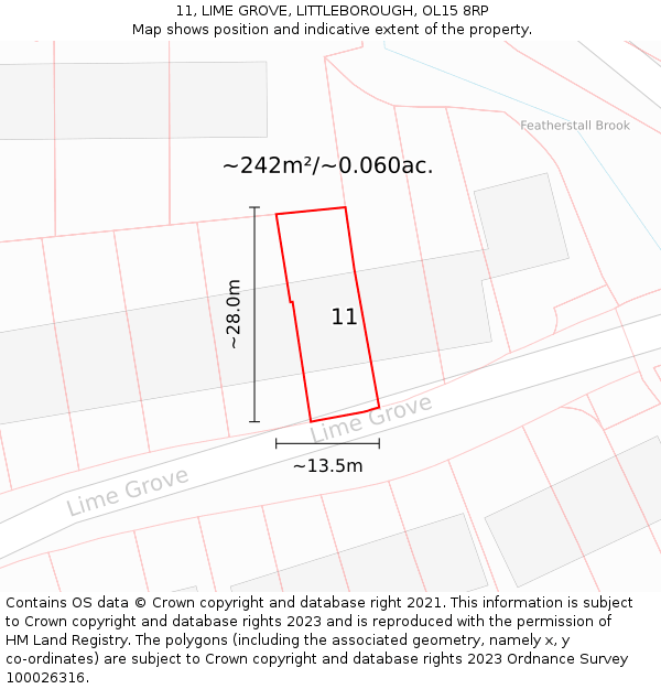 11, LIME GROVE, LITTLEBOROUGH, OL15 8RP: Plot and title map