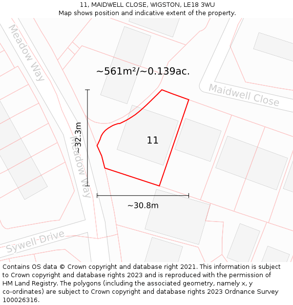 11, MAIDWELL CLOSE, WIGSTON, LE18 3WU: Plot and title map