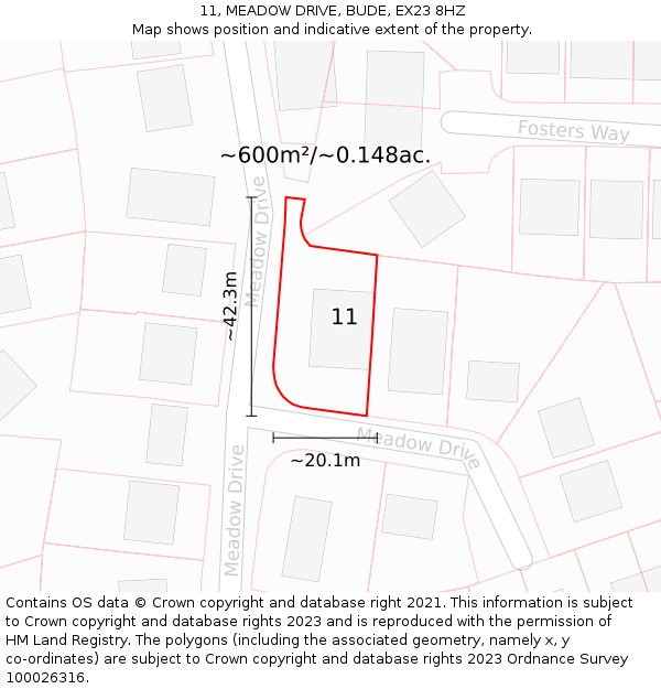 11, MEADOW DRIVE, BUDE, EX23 8HZ: Plot and title map