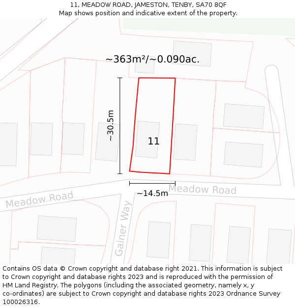 11, MEADOW ROAD, JAMESTON, TENBY, SA70 8QF: Plot and title map