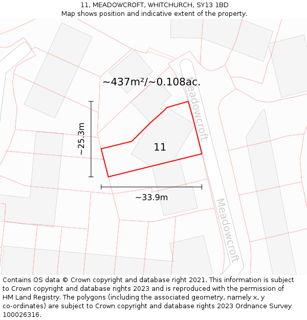 11, MEADOWCROFT, WHITCHURCH, SY13 1BD: Plot and title map