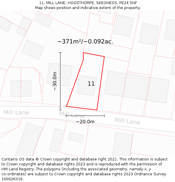 11, MILL LANE, HOGSTHORPE, SKEGNESS, PE24 5NF: Plot and title map