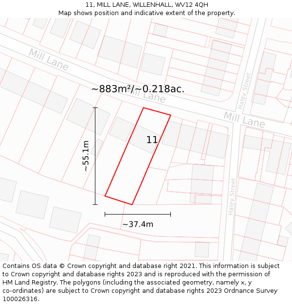 11, MILL LANE, WILLENHALL, WV12 4QH: Plot and title map