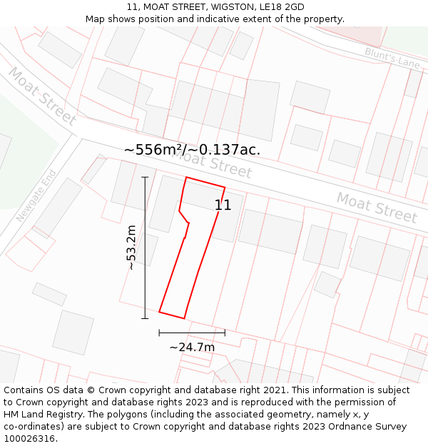 11, MOAT STREET, WIGSTON, LE18 2GD: Plot and title map