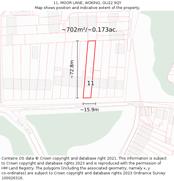 11, MOOR LANE, WOKING, GU22 9QY: Plot and title map