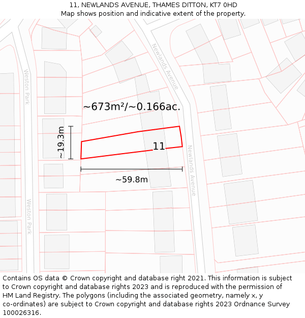 11, NEWLANDS AVENUE, THAMES DITTON, KT7 0HD: Plot and title map