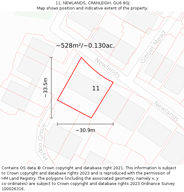 11, NEWLANDS, CRANLEIGH, GU6 8GJ: Plot and title map