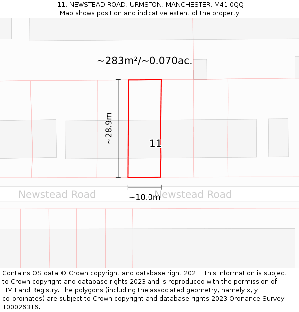 11, NEWSTEAD ROAD, URMSTON, MANCHESTER, M41 0QQ: Plot and title map