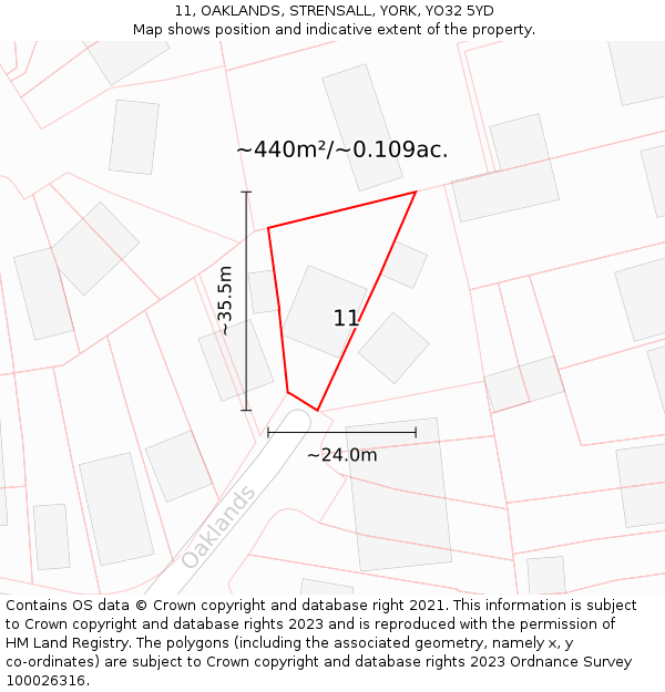 11, OAKLANDS, STRENSALL, YORK, YO32 5YD: Plot and title map