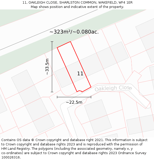 11, OAKLEIGH CLOSE, SHARLSTON COMMON, WAKEFIELD, WF4 1ER: Plot and title map