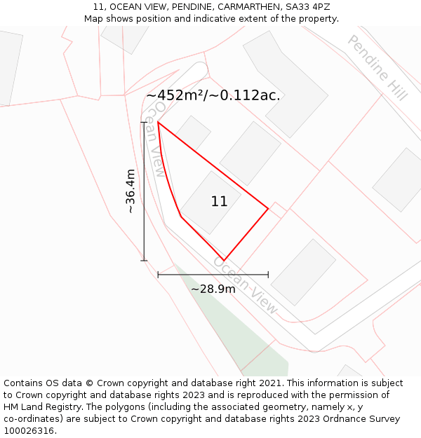 11, OCEAN VIEW, PENDINE, CARMARTHEN, SA33 4PZ: Plot and title map