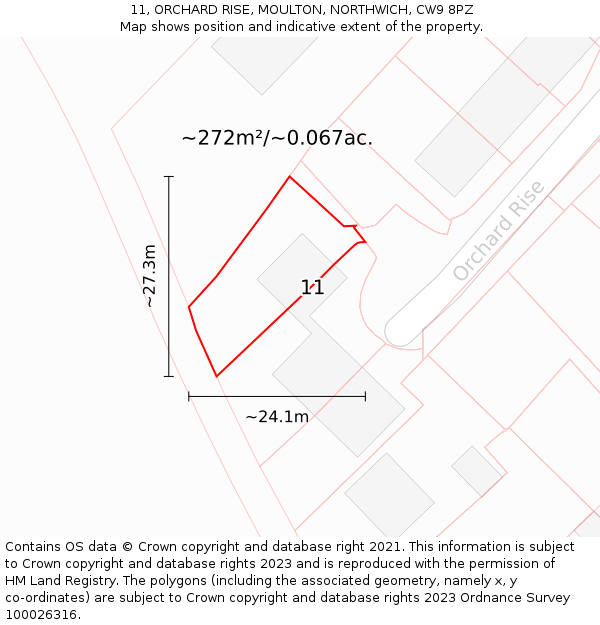 11, ORCHARD RISE, MOULTON, NORTHWICH, CW9 8PZ: Plot and title map