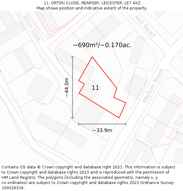 11, ORTON CLOSE, REARSBY, LEICESTER, LE7 4XZ: Plot and title map