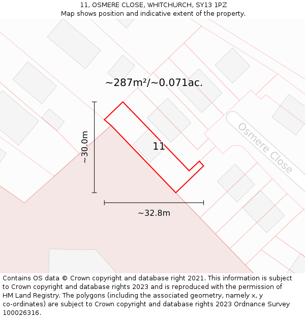 11, OSMERE CLOSE, WHITCHURCH, SY13 1PZ: Plot and title map