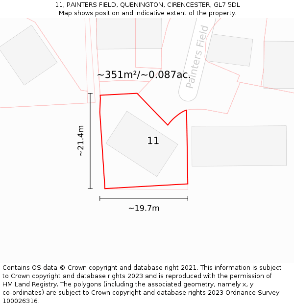 11, PAINTERS FIELD, QUENINGTON, CIRENCESTER, GL7 5DL: Plot and title map