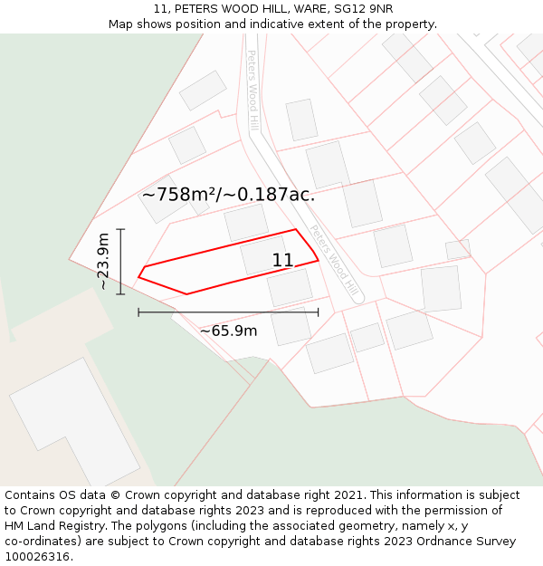 11, PETERS WOOD HILL, WARE, SG12 9NR: Plot and title map