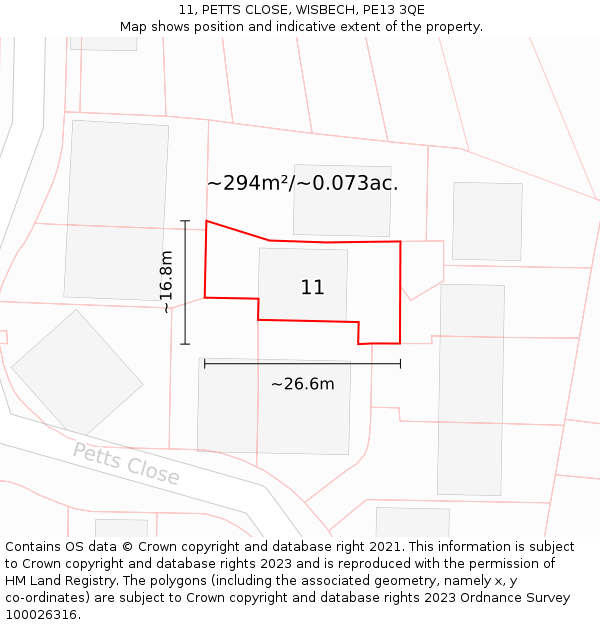 11, PETTS CLOSE, WISBECH, PE13 3QE: Plot and title map